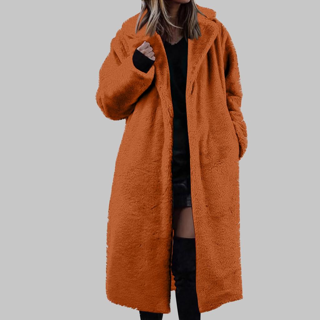 Women's Long Solid Color Fashionable Winter Loose Flip Collar Plush Jacket