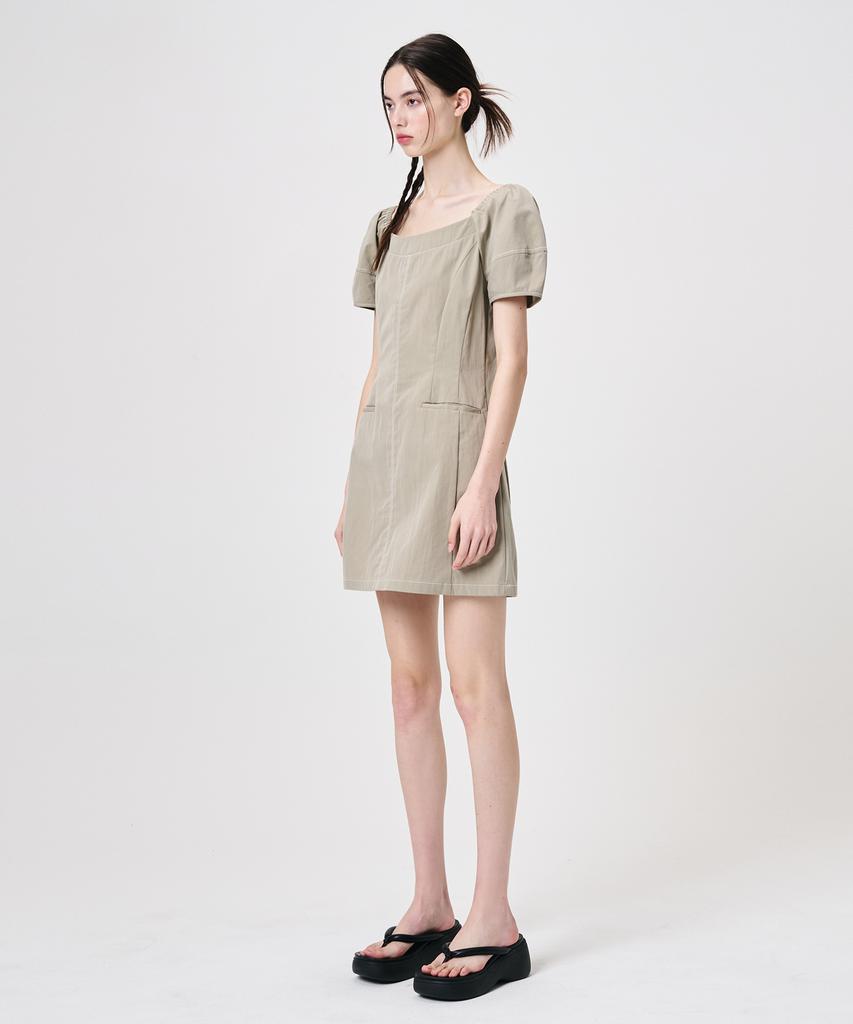 Etmont Stitch Puff Mini Dress, Light Khaki