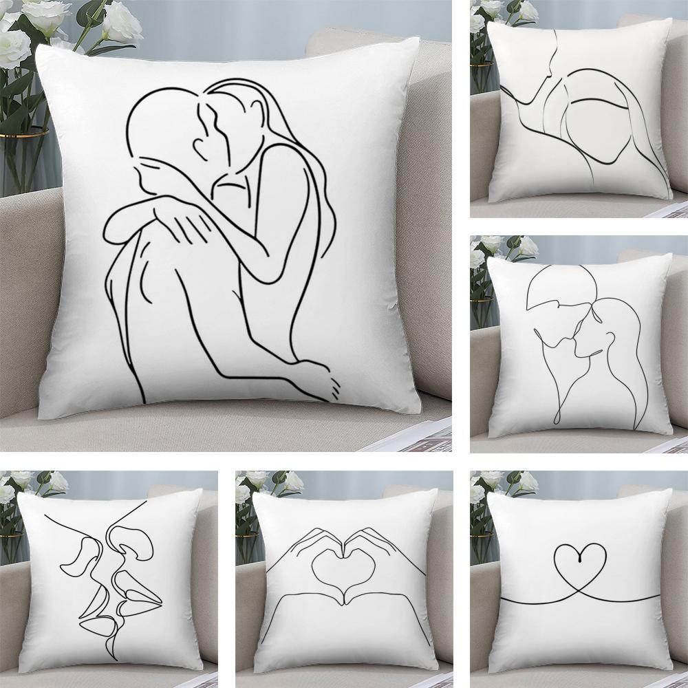 Black White Couple Line Cushion Cover Soft Plush Fabric DoubleSided Printed Sofa Cushion Cover for All Seasons Home Decor Gift