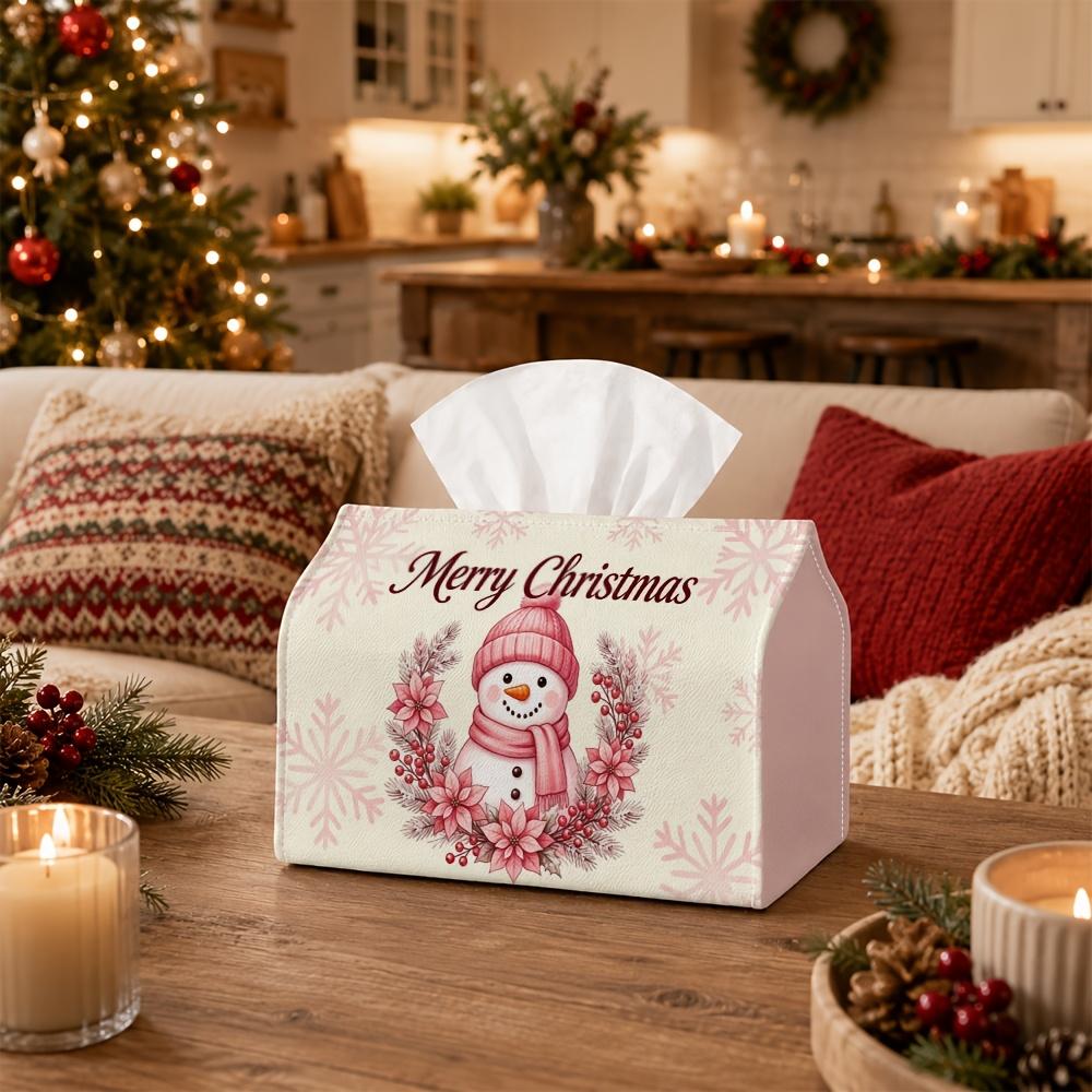1pc Party Tissue Box,Christmas Botanical Festive,Multifunctional Tissue Holder,Snowman Poinsettia Floral Wreath,Outdoor Party Supplies, Everyday Deskt