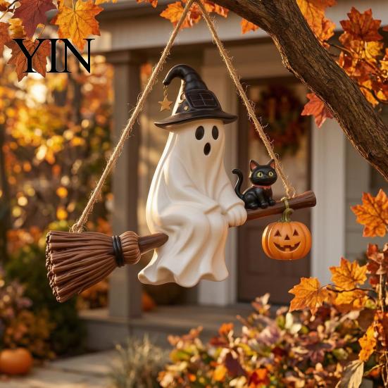 Seasonal Outdoor Atmosphere Decor Solar Ghost Hanging Light, Halloween Resin Flying on Broom Ornament, Waterproof Light Powered Lights Up Lamp,