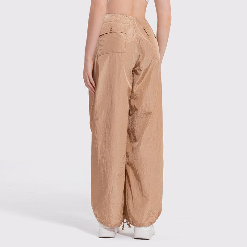 Women's Y2K Wide-Leg Cargo Pants with Drawstring - Slimming American Parachute Design for Casual Sport.