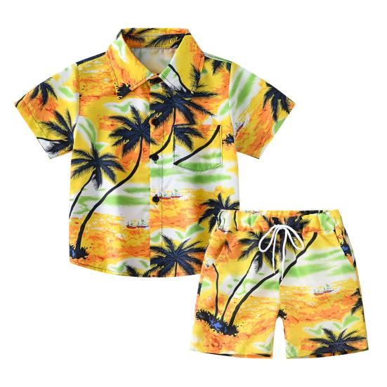 Гавайский комплект одежды для малышей-мальчиков с изображением заката, пальмовых листьев, рубашка и шорты для детей на берегу моря