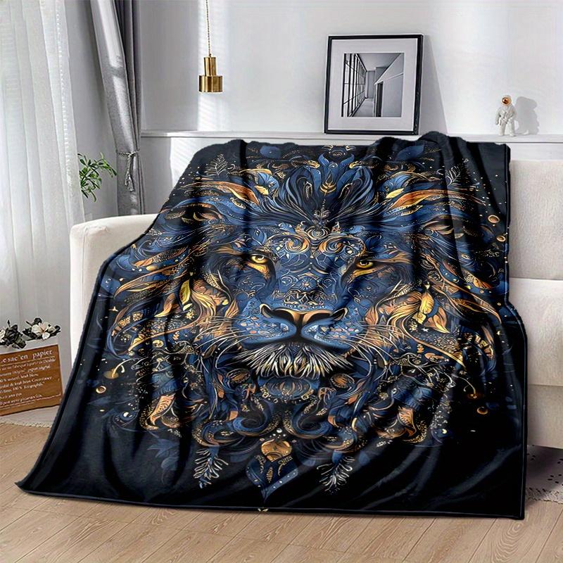 1pc Blue and Gold Ornate Lion Portrait Blanket Soft and Cozy for All Seasons, Living Room, Travel, Camping, Car Blankets