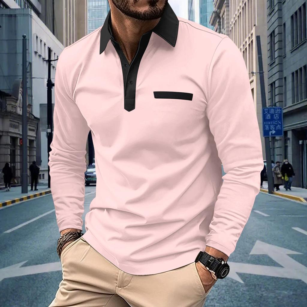 Autumn Men's Casual Button Lapel Solid Color Long Sleeved Polo Shirt