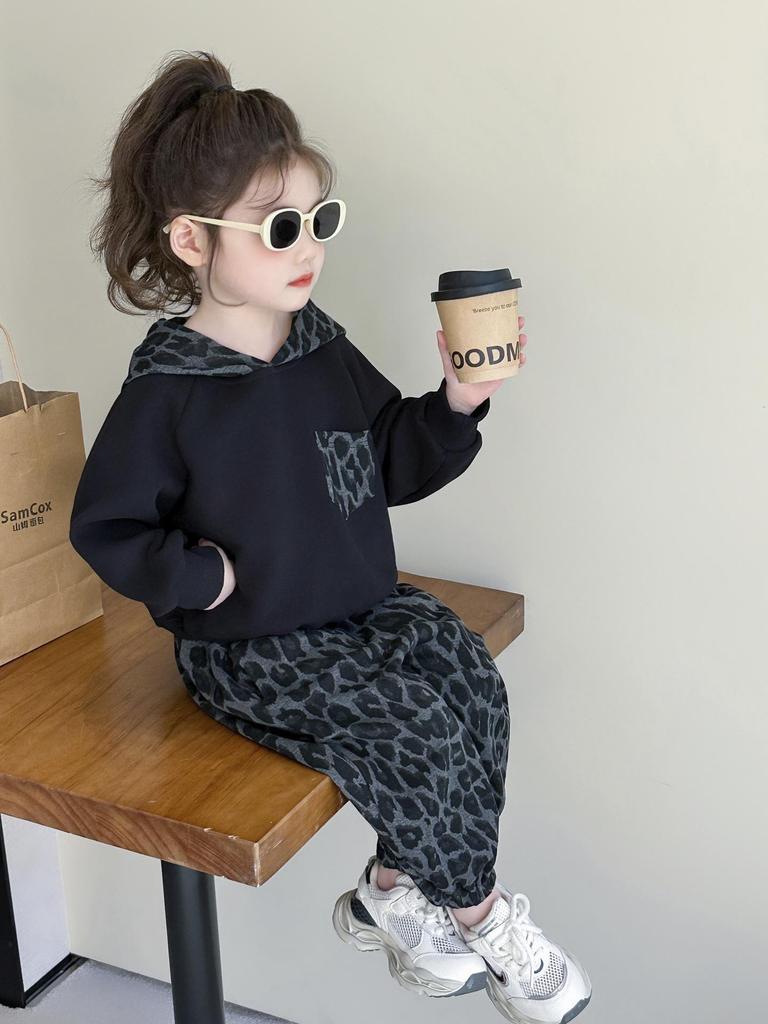 Girls' Korean-Style Leopard Print Hooded Sweatshirt and Pants Set - 2025 Spring/Autumn Fashion