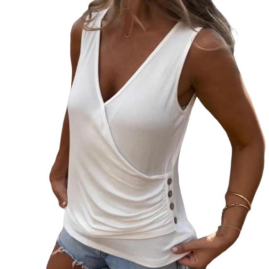 Женский жилет с V-образным вырезом, без рукавов, плиссированный, с пуговицами, декорированный, однотонный, летний, из мягкой эластичной ткани, топы