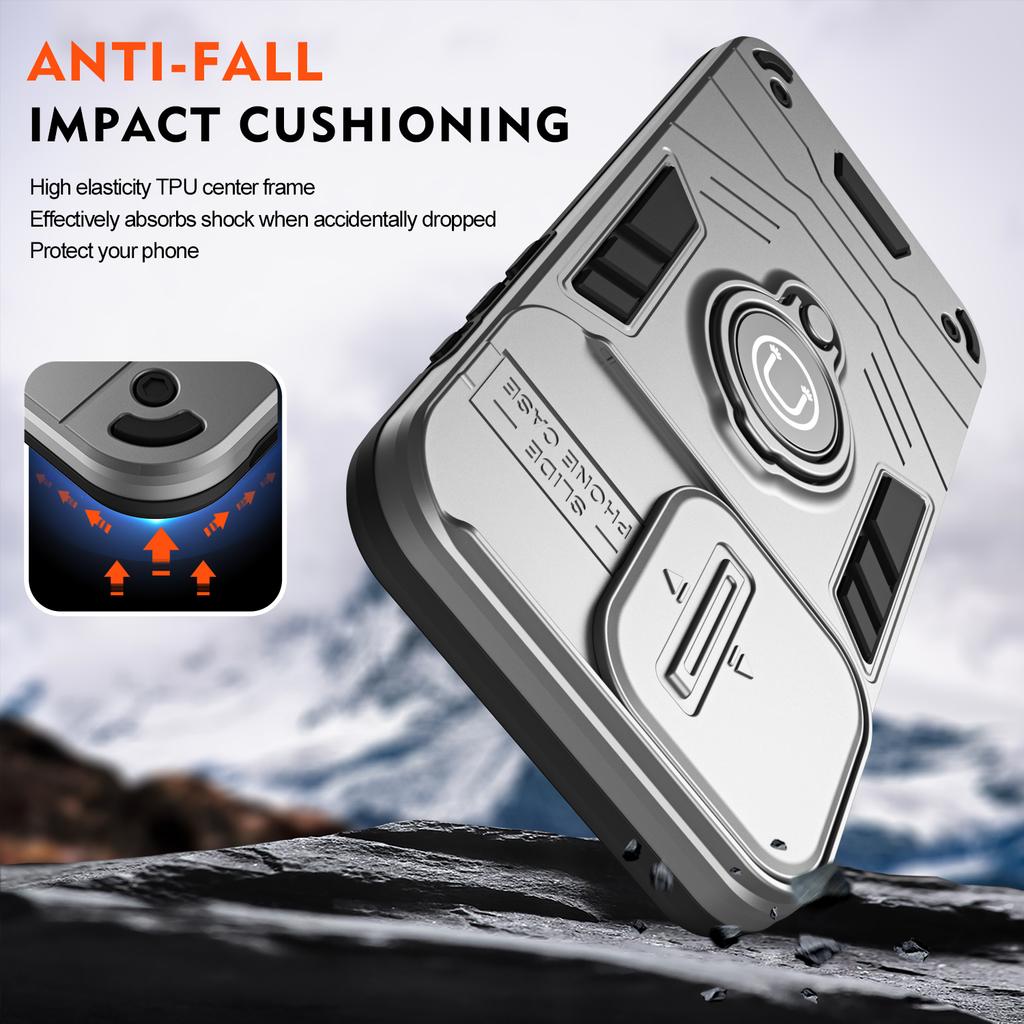 For iPhone 16 Plus Case Slide Camshield Kickstand PC+TPU Phone Cover