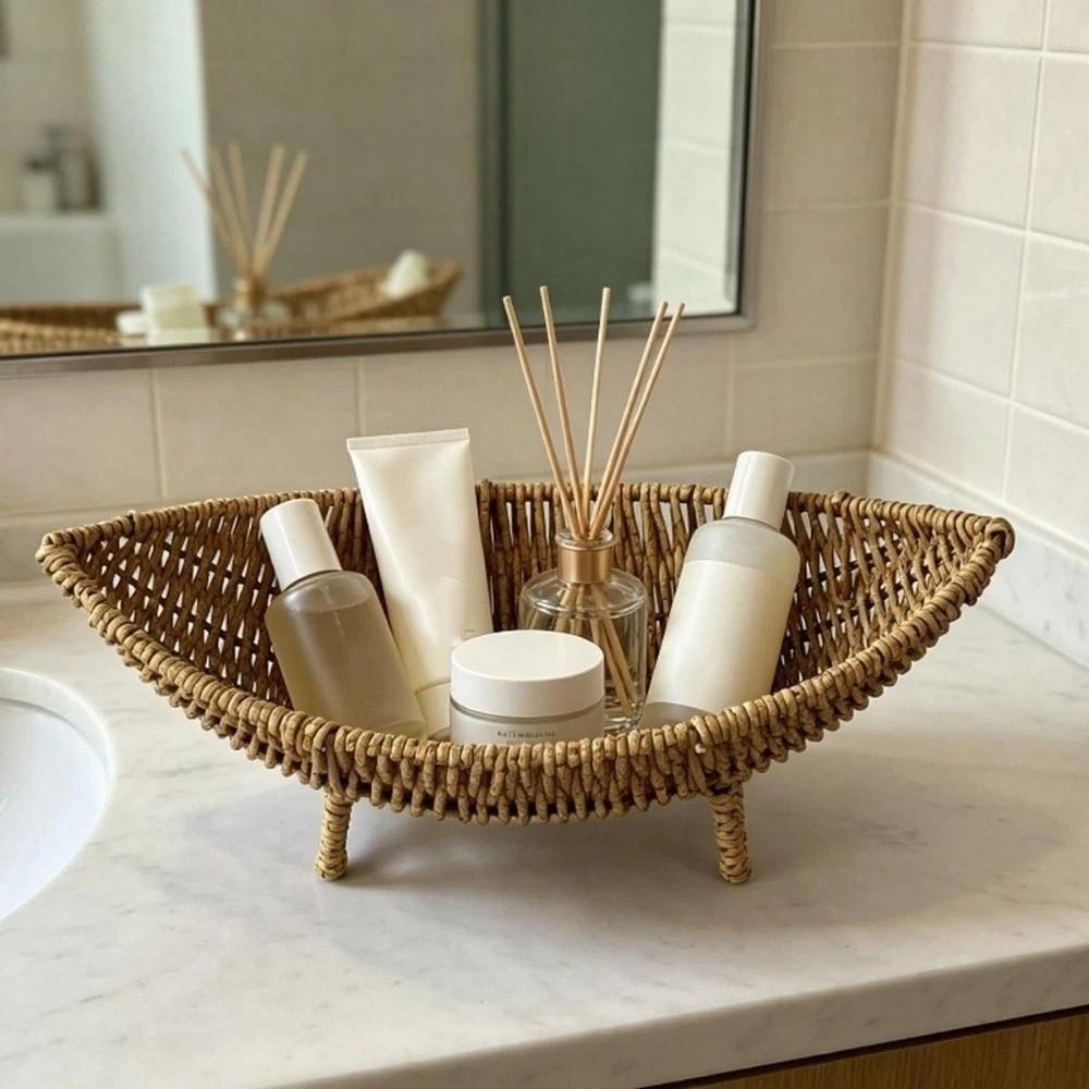 Large Capacity Plastic Hand-Woven Basket Hollow Drain Camping Tray Desktop Organizer Picnic Use