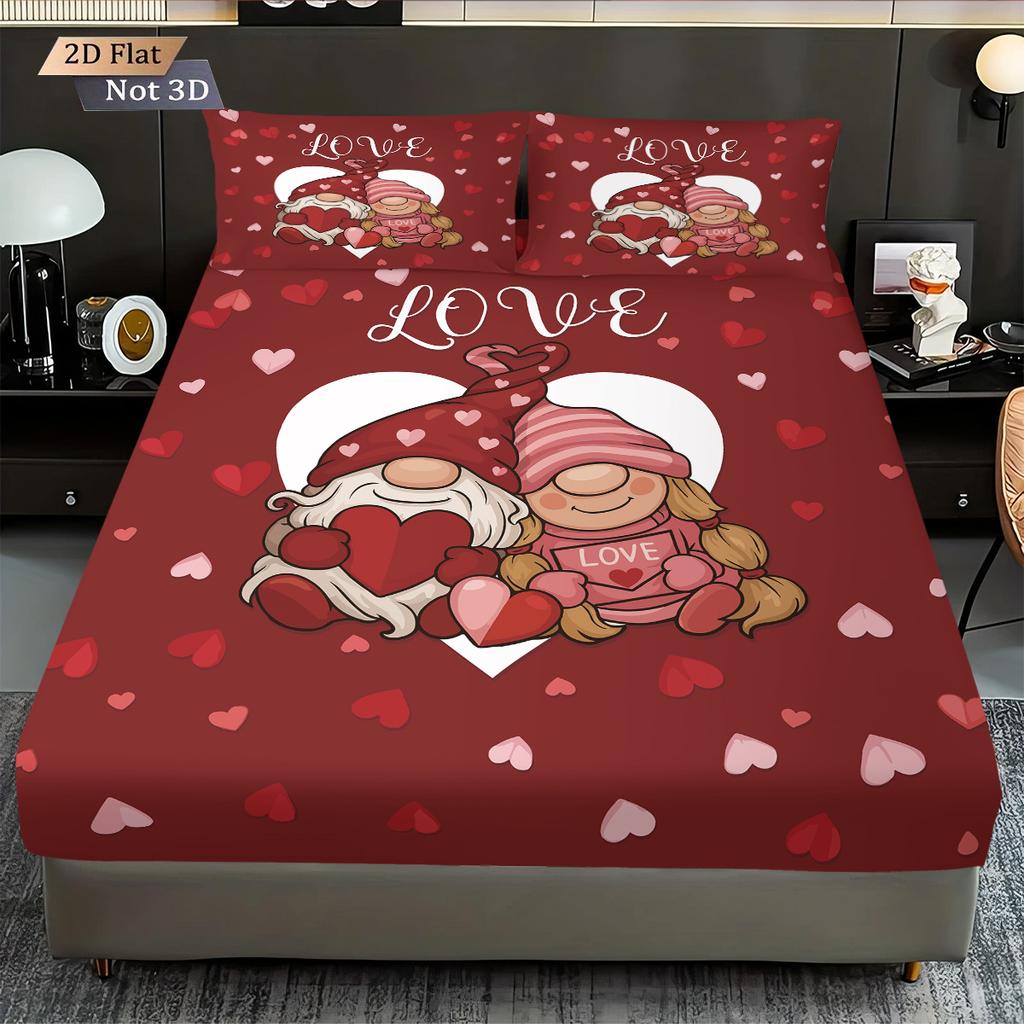 3pcs Valentine's Day red romantic goblin print coreless bed sheet set multi size bedroom bedcover decoration machine washable
