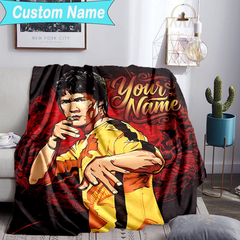 Custom Name Blanket Dynamic Bruce-Lee Pose Blanket Bedding Blanket for Travel, Camping, Living Rooms, Offices, Sofas, Fan Christmas gift