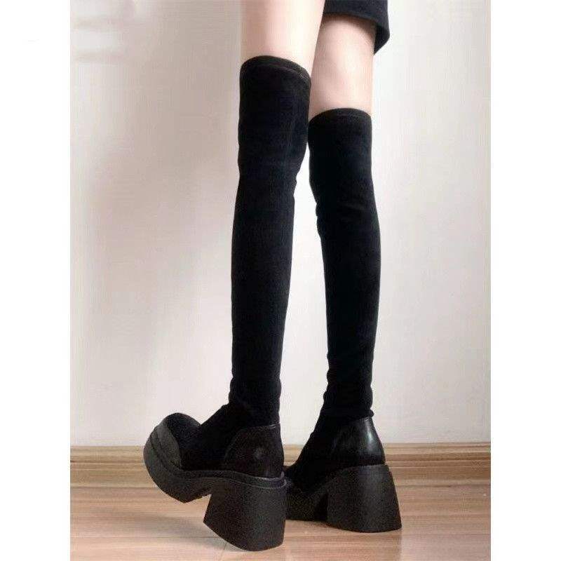 Over-knee Boots Women's 2025 Autumn and Winter New Thick-soled Velvet Boots Women's Elastic Tall Thin Boots Black Boots