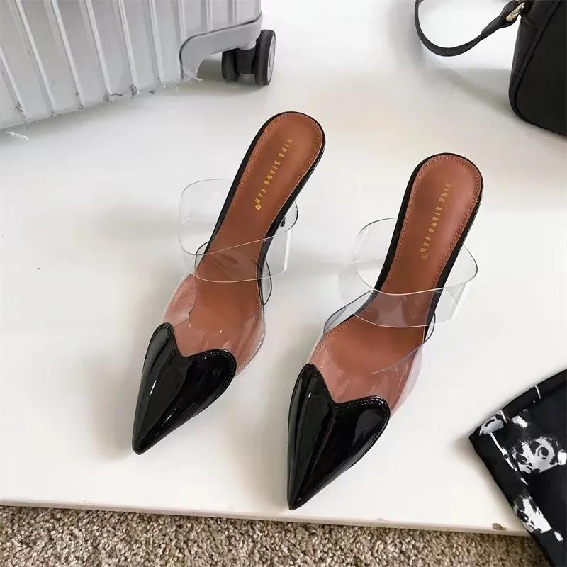 Fashion Elegant Pointed Toe Transparent PVC Heart High Heels Mules Slipper Shoes Women Black White Red Shoes Luxury Designer Pumps