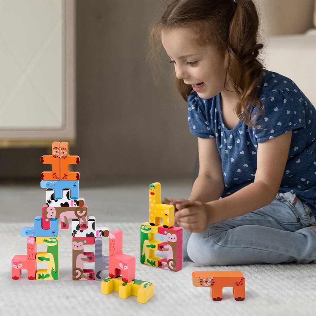Деревянные блоки-животные для stacking (укладывания друг на друга) для детей, креативная развивающая игрушка на баланс
