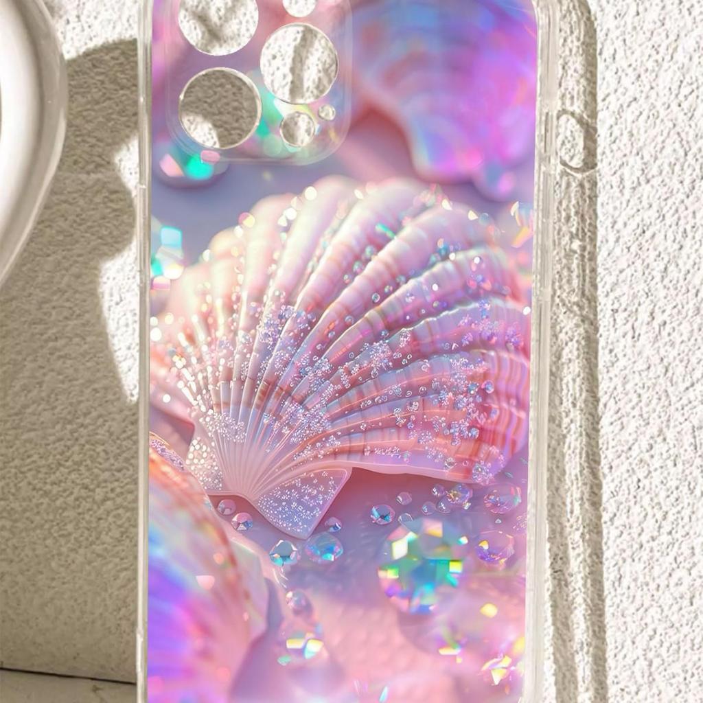 Прозрачный противоударный чехол с рисунком розовой ракушки для iPhone 14-17 Pro Max