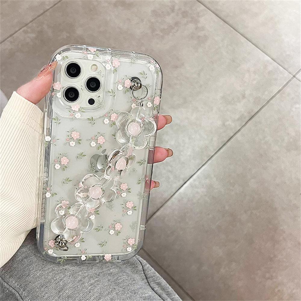 Корейский милый розовый цветок кристалл браслет-цепочка прозрачный мягкий чехол для Iphone 14 13 12 11 Pro Max прекрасный противоударный чехол с цветочным принтом