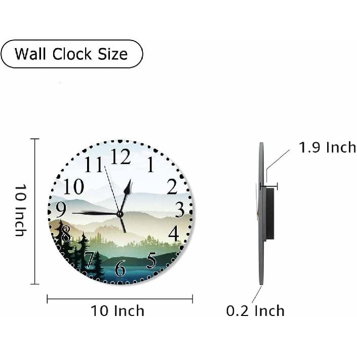 Nature Landscape Wall Clock Mountain and Lake Natures Hills, Tree in Rivers Clock 10 Inch Silent Non-Ticking Clocks Battery Operated for Home Living