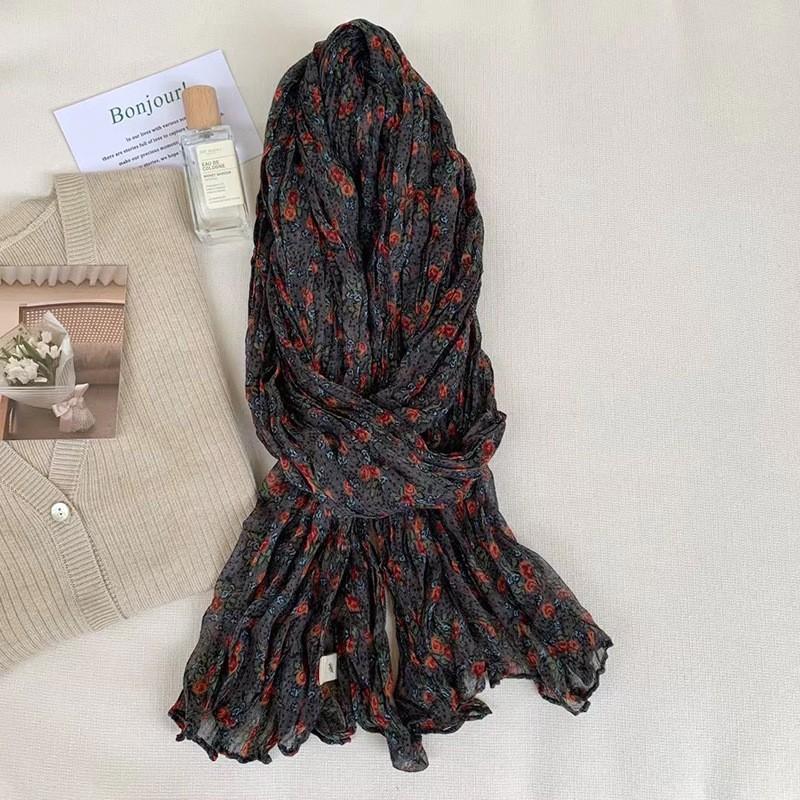 Винтажный хлопково-льняной шарф для женщин осенне-зимний с принтом тонкий плиссированный шарф шелковый шарф