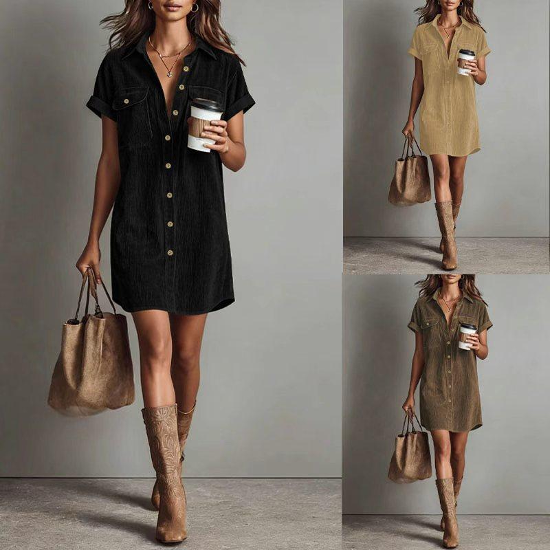 Amazon European and American Plus Size Spring/Summer Casual Corduroy Shirt Dress Loose Straight Cut Short Sleeve Lapel Dress for Women