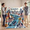Hand-drawn London cityscape with landmarks, river, bridges, trees, and boats. for all seasons blanket lunch break throw gift