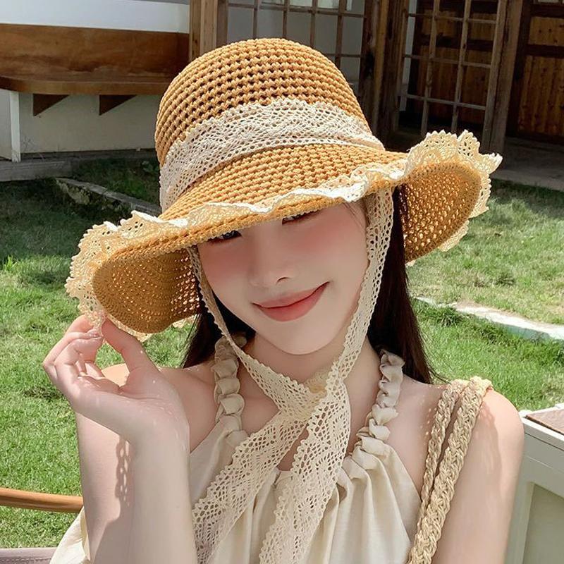 Соломенная шляпа женская кружевная шляпа рыбака с ремешком из кружева защита от солнца полая дышащая шляпа от солнца дорожная шляпа от солнца на море