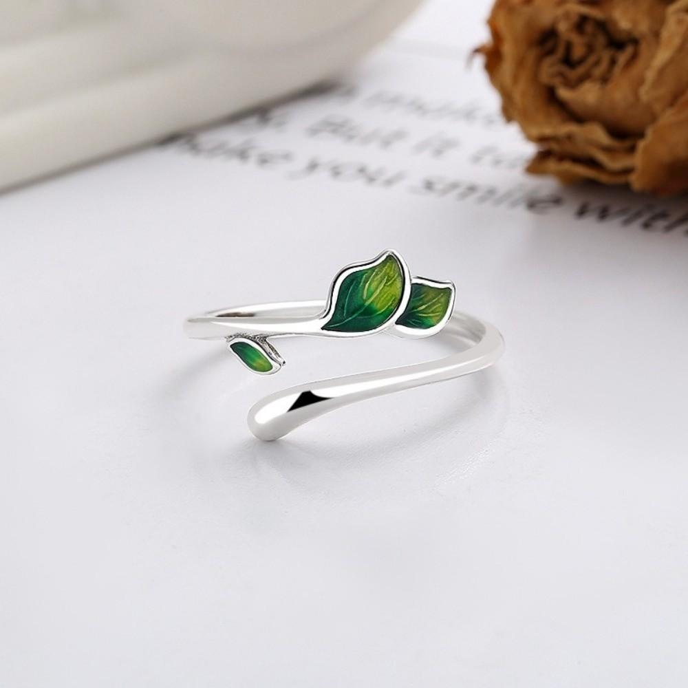 Adjustable Enamel Leaf Ring Oil Drop Women's Ring Elegant Leaf Opening Ring  Gifts