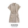 2024 New Arrival Fashion Silm Lapel Curling Short Sleeve Linen Blended Mini Shirt Dress 0387059