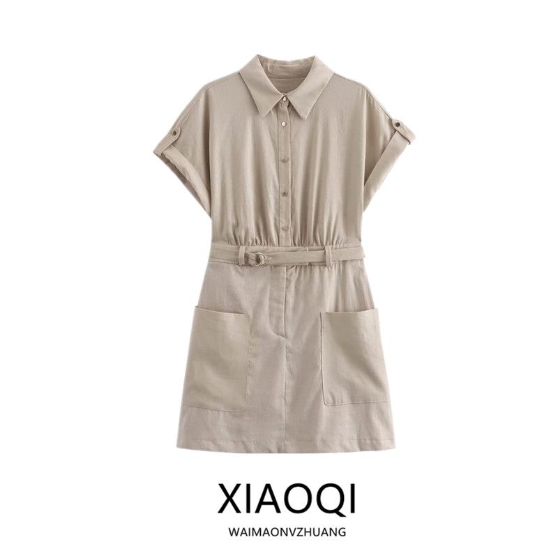 2024 New Arrival Fashion Silm Lapel Curling Short Sleeve Linen Blended Mini Shirt Dress 0387059