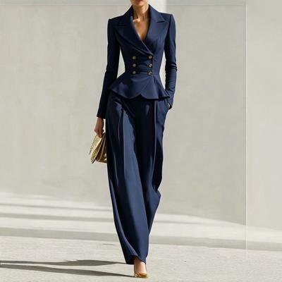 Женский Элегантный Приталенный Блейзер и Брюки Широкие 2026 Slim Fit С V-образным Вырезом Двубортный Костюм