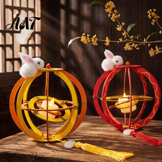 Lantern with Rabbit DIY Kit for Mid-Autumn Festival, Hollow Wooden Rotating Ring Hand Painted Lanterns Rabbit, Handmade LED Candle Toy Tassels