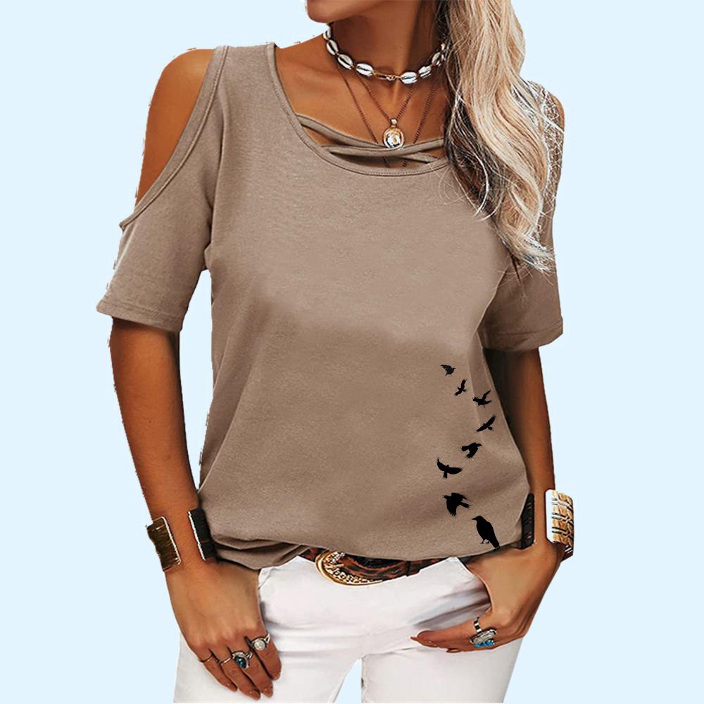 Женская мода круглый вырез короткий рукав топ женская летняя повседневная футболка с открытыми плечами цветочный принт