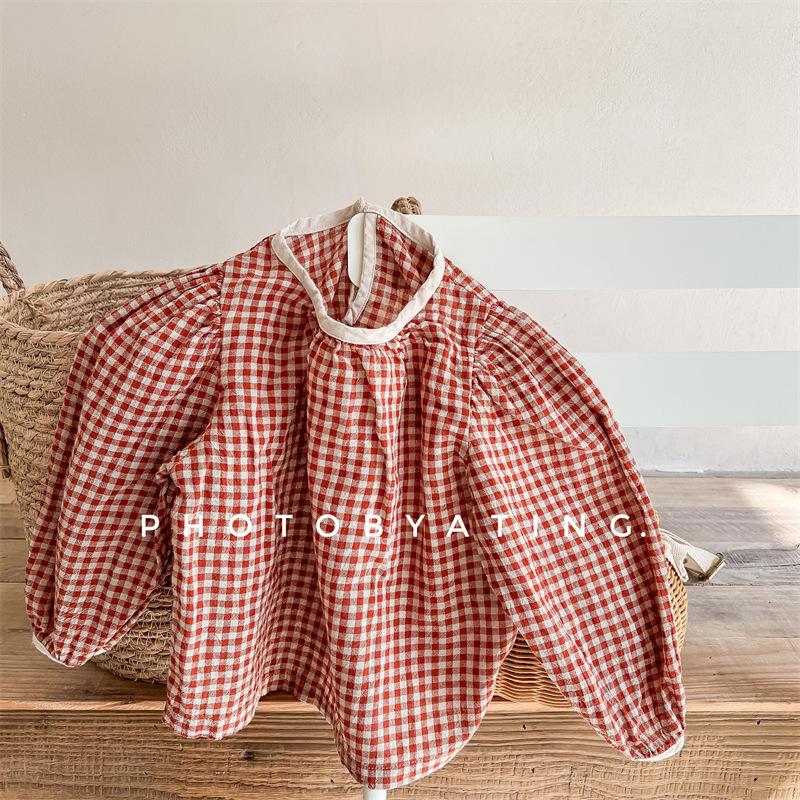 Spring Autumn Girls Korean Style Plaid Cotton Linen Long Sleeve Shirt