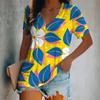 Summer Women T-shirt Fashion Floral Printing V-Neck Tops Tees Female Vintage Short Sleeve Clothing Ladies Casual Style Outfit