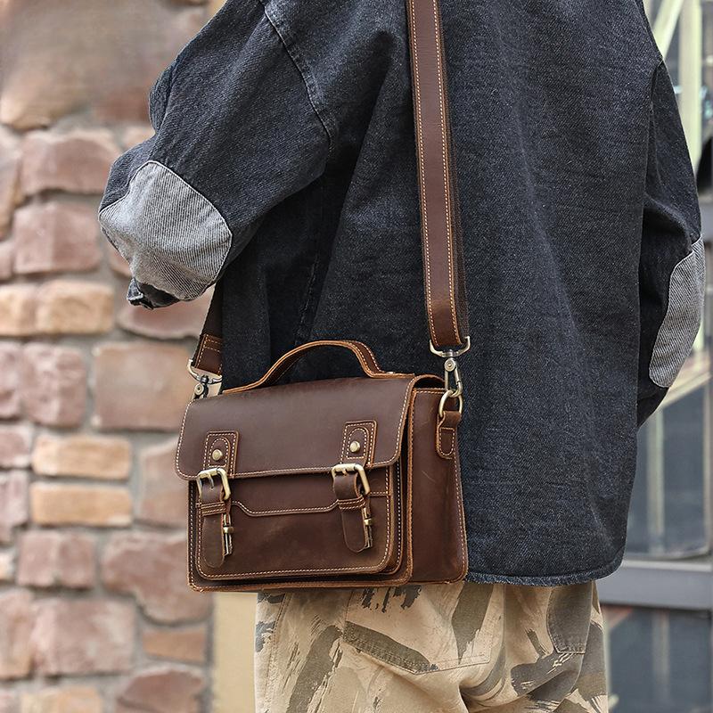 Мужская маленькая квадратная сумка Mad Horse Leather Casual Vintage Shoulder Bag Мужская сумка через плечо из натуральной кожи Мужская винтажная сумка-мессенджер