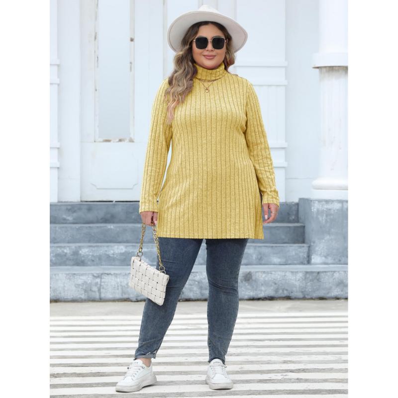 Женская базовая футболка большого размера с высоким воротом, облегающего кроя, в рубчик, полосатая, с разрезом, средней длины