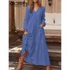 QICED Women's Cotton Maxi Dress Long Sleeve Ruffle Pocket