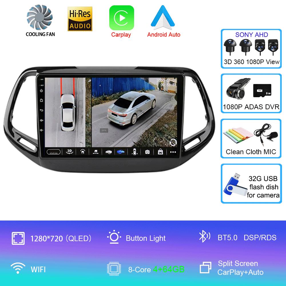 Android 14 Carplay Auto WIFI+4G Для Jeep Compass 2017 2018 2019 Автомагнитола GPS Стерео Мультимедийный Видеоплеер 2din Головное Устройство DSP