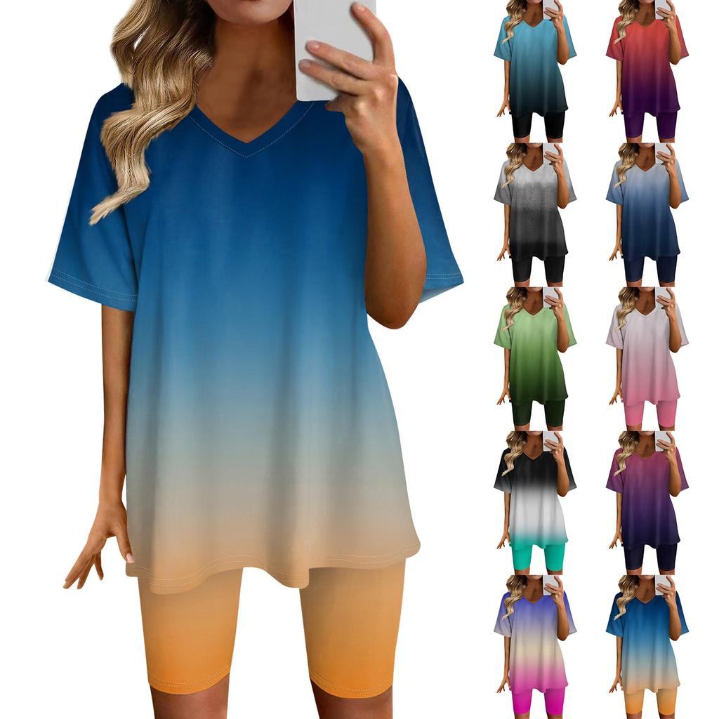 Женский топ с v-образным вырезом и короткими рукавами с градиентным принтом и шорты с принтом, комплект из двух предметов