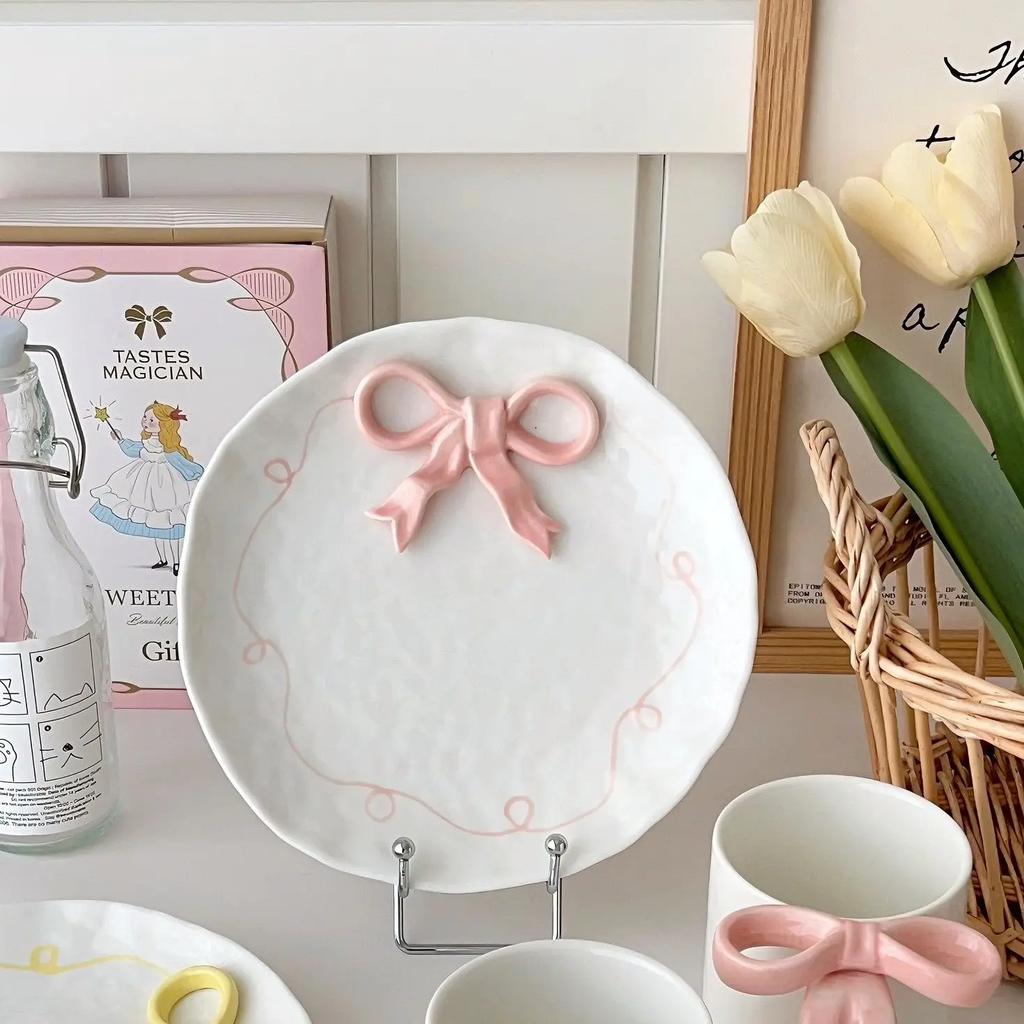 Симпатичная тарелка с 3D-бантом и кофейная кружка, расписанная вручную, керамическая тарелка, украшение для гостиной, спальни, обеденного стола, тарелка для фруктового салата