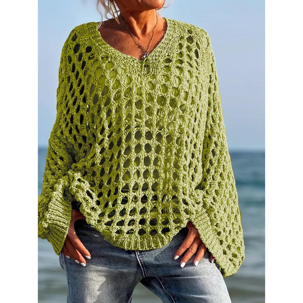 Loose Casual, Versatile Hollowed Out Long-sleeved, Large Size Women's Knit Sweater, Sun Shirt