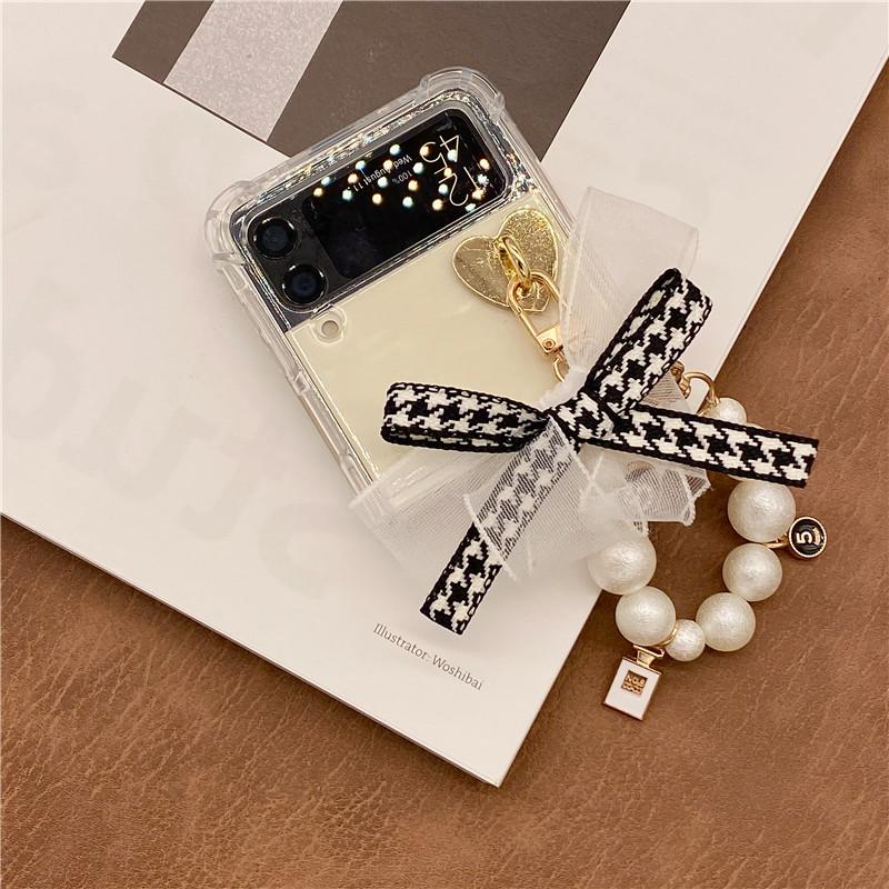 Симпатичный кожаный браслет-цепочка с бусинами, медведем и цветком, чехол для телефона для Samsung Galaxy Z Flip 4 Z Flip 3, прозрачный противоударный Z-откидной чехол Para