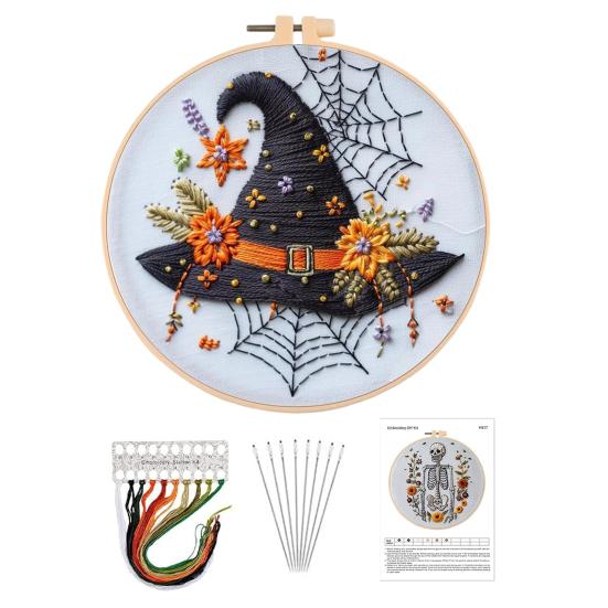 1 Set Halloween Embroidery Kit with Hoop Threads Scissors Threader Beginners Gothic Stamped Cross Stitch Hand Embroidery Starter Kit