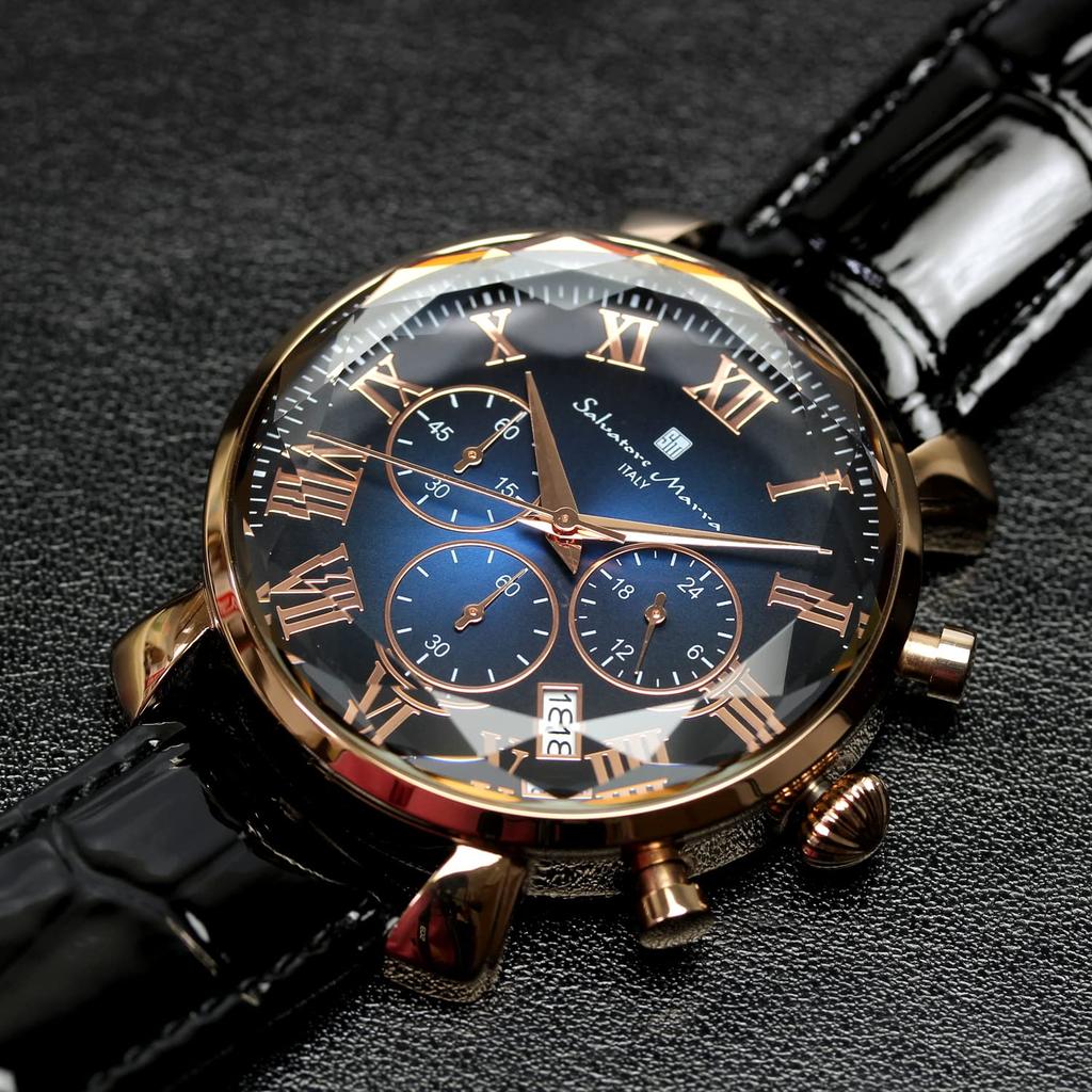 Salvatore Marra Стеклянный хронограф с кожаным градиентом и мужские часы, многогранный ремешок, зеленый, синий, черный, SM19104-PGBLBK