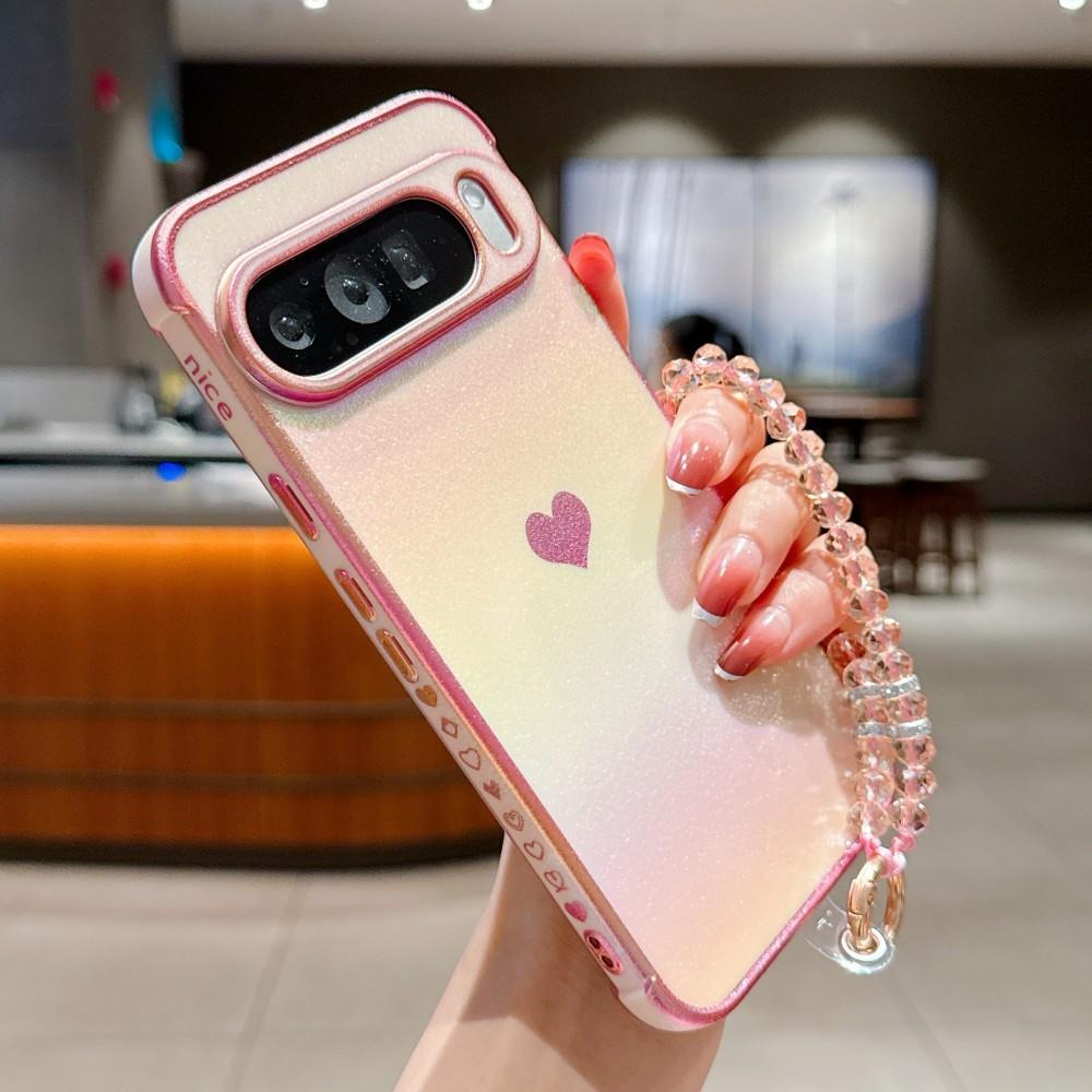 Электроplated Боковая сторона Сердце Чехол для телефона Для Google Pixel 9 Pro XL 9Pro 9ProXL 8 Pro 8A 7A 9A Силиконовая крышка С хрустальной цепочкой
