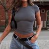 Women's Solid Color Round Neck Basic T-Shirt Slim Fit Cropped Summer Top Casual Bodycon Short Sleeve Tee for Trendy Outfits
