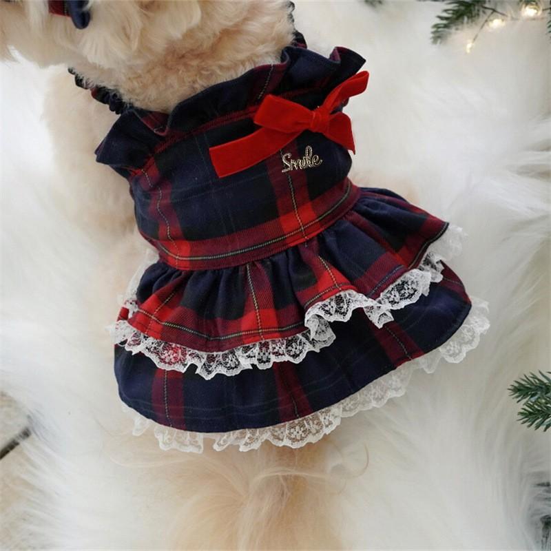 Pet Dog Christmas Dress Plaid Skirt Outfit With Lace Trim Sweet Style Cotton Blend Holiday Costume Small Medium Dogs