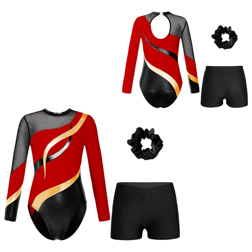 Девочки Дети Блестки Металлический Гимнастический Купальник с Шортами Танцевальный Комбинезон Бикетард Одежда Для Танцев