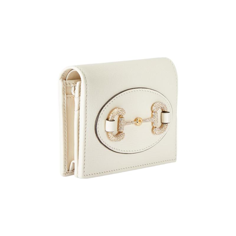 Gucci Horsebit 1955 Horsebit snap closure crystal gold tone accessories leather card holder wallet women's white