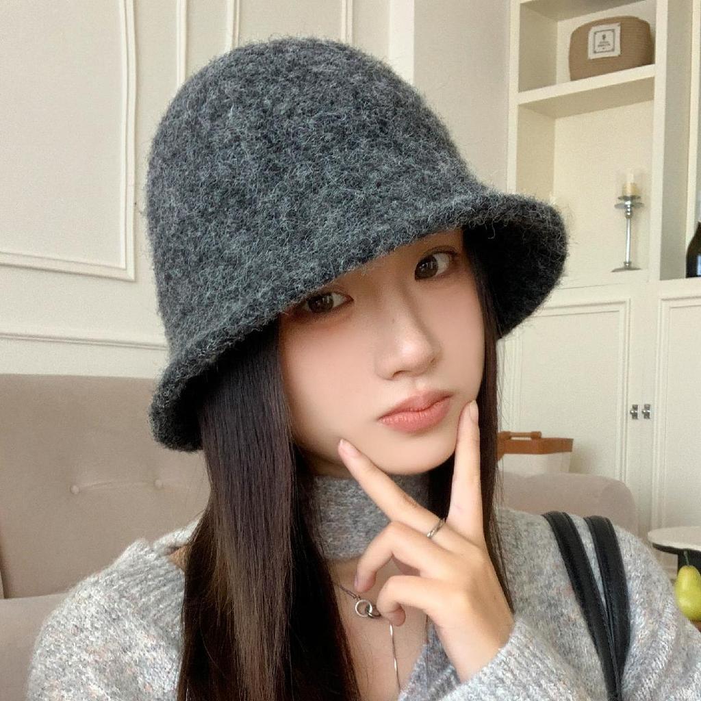 Женская вязаная шляпа-ведро из смесовой шерсти в корейском стиле - Теплая, универсальная, для большой головы, на осень/зиму