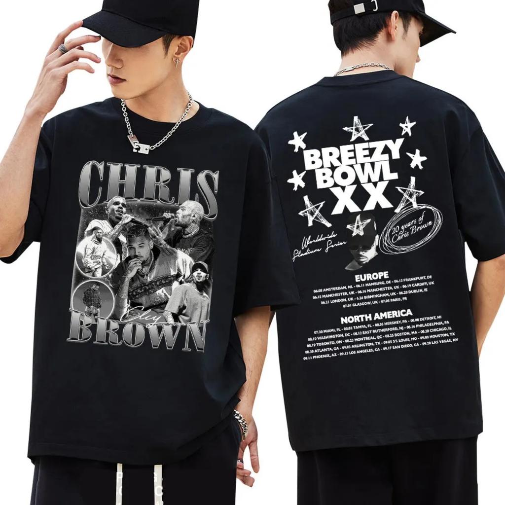 Футболка Rapper Chris Brown Breezy Bowl XX Tour Хип-хоп Мода Мужские футболки Большого размера Хлопок Хипстерская футболка Уличная одежда